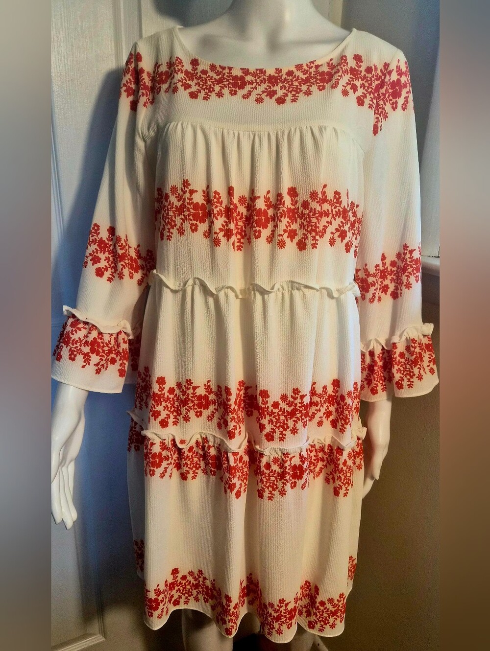 ViVi by Violet Weekend White Red Floral Embroidered Tiered Baby Doll Dress